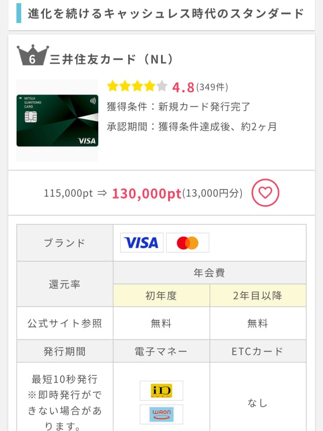 ポイントインカムのクレジットカード案件一例（三井住友カードNL）