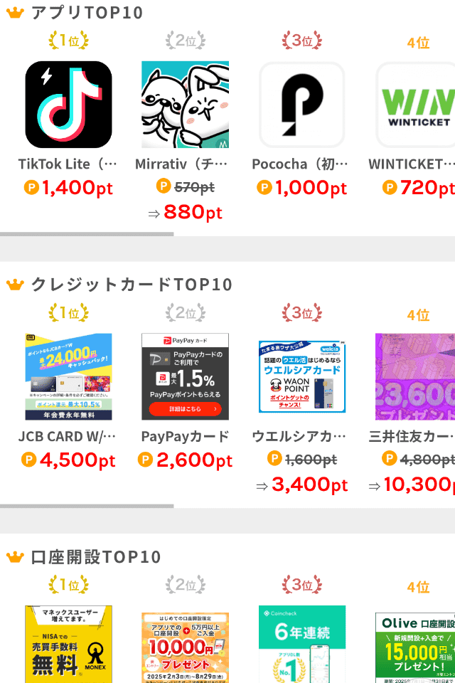 ワラウのランキング検索画面
人気の案件が掲載