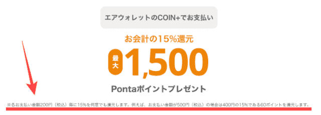 エアウォレットのキャンペーン
対象店舗でエアウォレットを使って支払うと15%還元のバナーの「200円ごとに15%(30円)が還元される」部分を赤枠でマークアップ