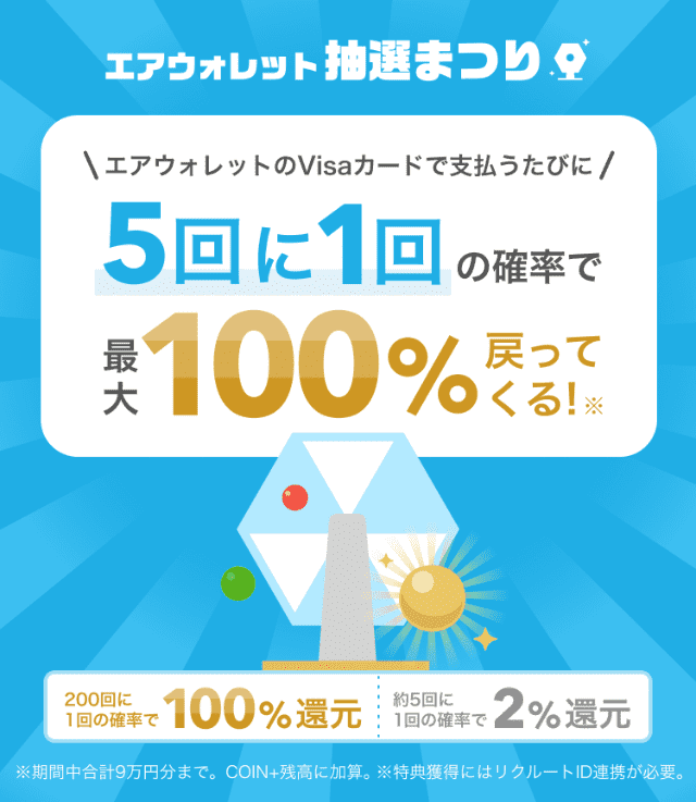 エアウォレットの抽選キャンペーン(Visaカードで支払うたびに5回に1回の確率で最大100%還元)