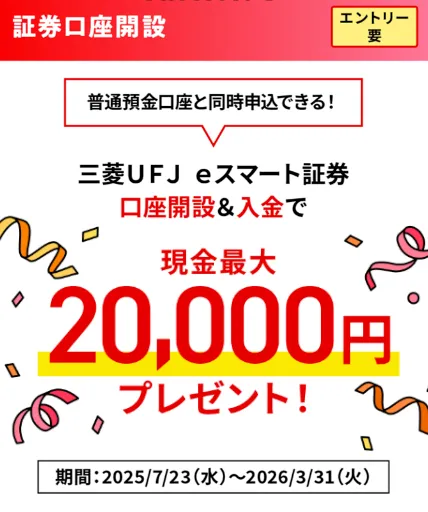 三菱UFJeスマート証券口座開設&入金で20,000円プレゼントキャンペーンの概要図