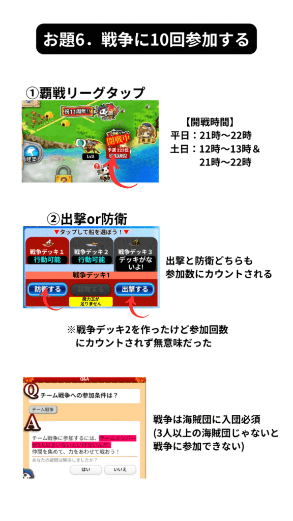 お題6．戦争に10回参加するの図解
1．覇戦リーグをタップ
2．出撃か防衛をタップ