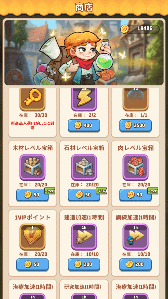 ギルド商店で買えるアイテム
(加速アイテムや資源など)