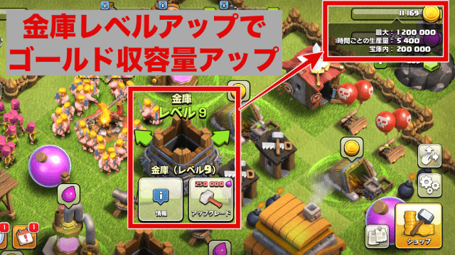 Clash of Clansの実際のゲームプレイ画面
金庫のレベルを上げるとゴールドの収容量がアップする