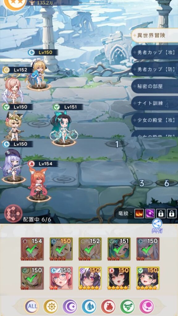 レベル75到達時点での筆者のパーティ戦力135万