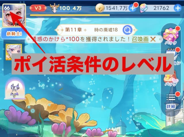ポイ活条件になっているレベルは左上に表示されているナイトレベルのこと