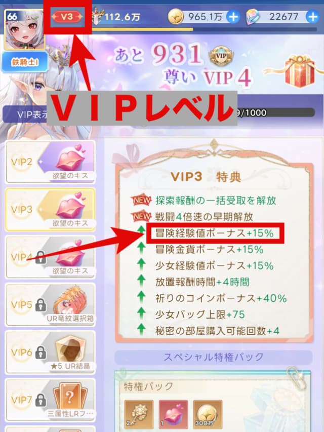 VIP特典画面(VIP3の場合)
冒険経験値ボーナスが15%アップする