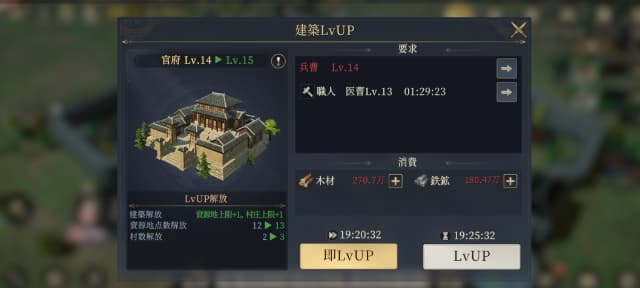 三国志戦乱のゲーム画面
官府レベルを上げる画面
要求施設レベルや必要資源が示されている