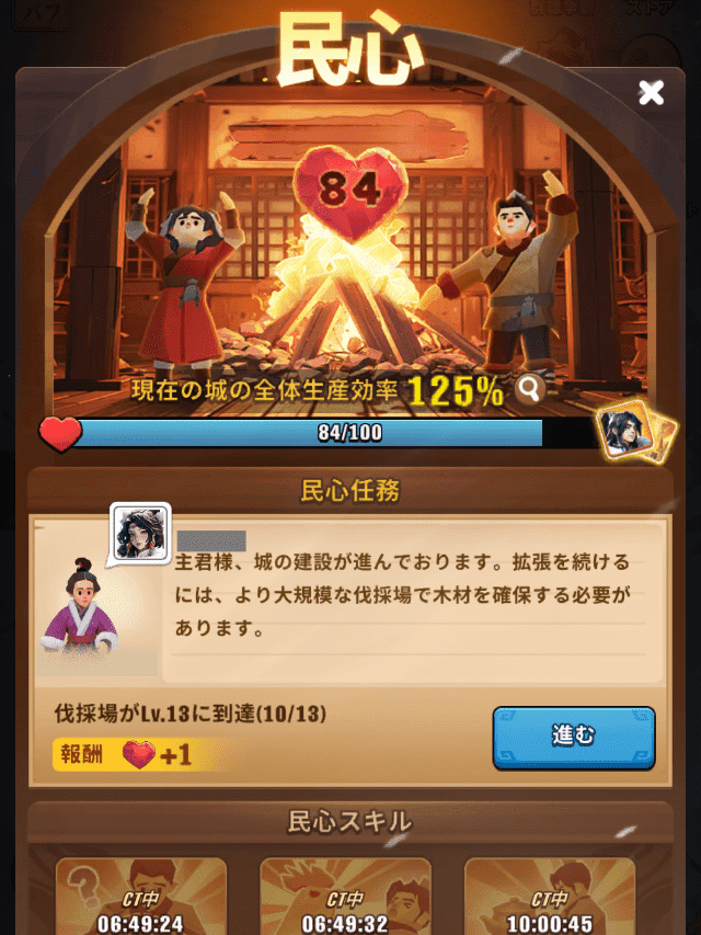 ブルブル三国のゲーム画面
民心の進捗状況を示す画像（民心レベル80以上で生産効率125％）