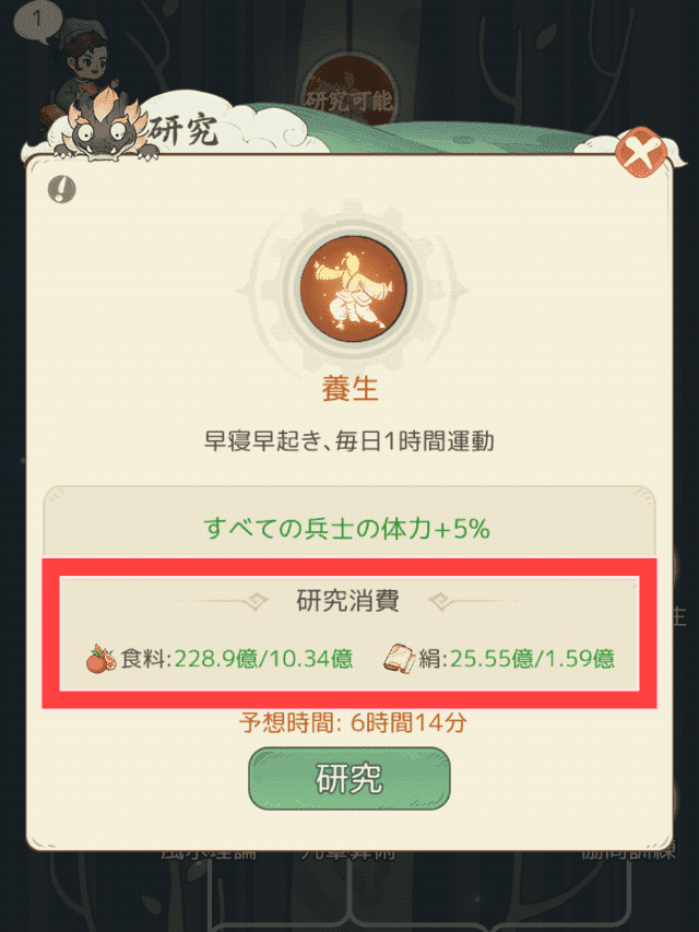 モーマンタイムのゲーム画面
技能(研究)にかかるコストとなる資源を図示
