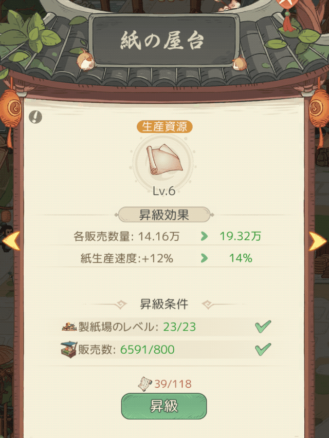 モーマンタイムのゲーム画面
紙の屋台の昇級で資源生産量をアップするときの画面