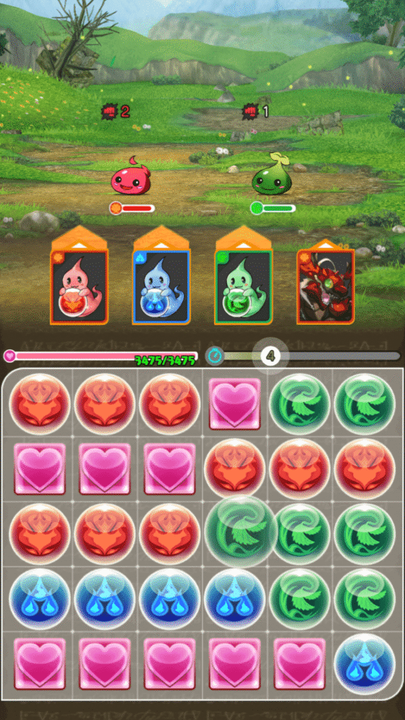 パズル＆ドラゴンズゼロのゲームプレイ画面
パズル操作中（ドロップが3色だけ）