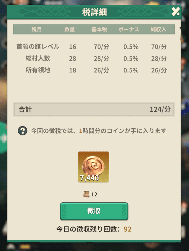 フェイトウォーのゲーム画面（首領の館の徴収画面）