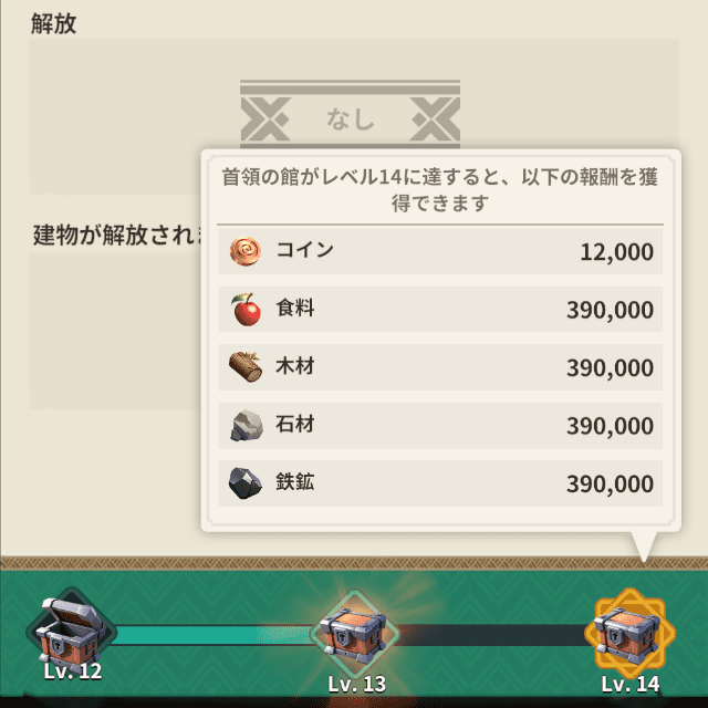 フェイトウォーのゲーム画面(レベルアップ報酬で受け取れる報酬を図示)