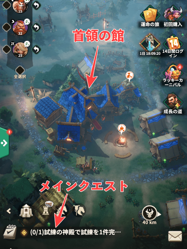 フェイトウォーのゲーム画面(首領の館とメインクエストを図示)