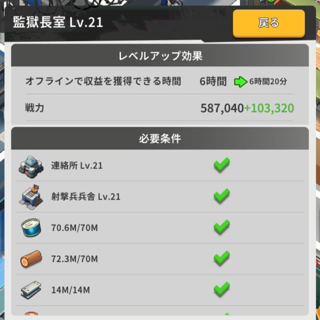 ランド･オブ･ジェイルのゲーム画面（監獄長室レベル22の前提条件画面）
