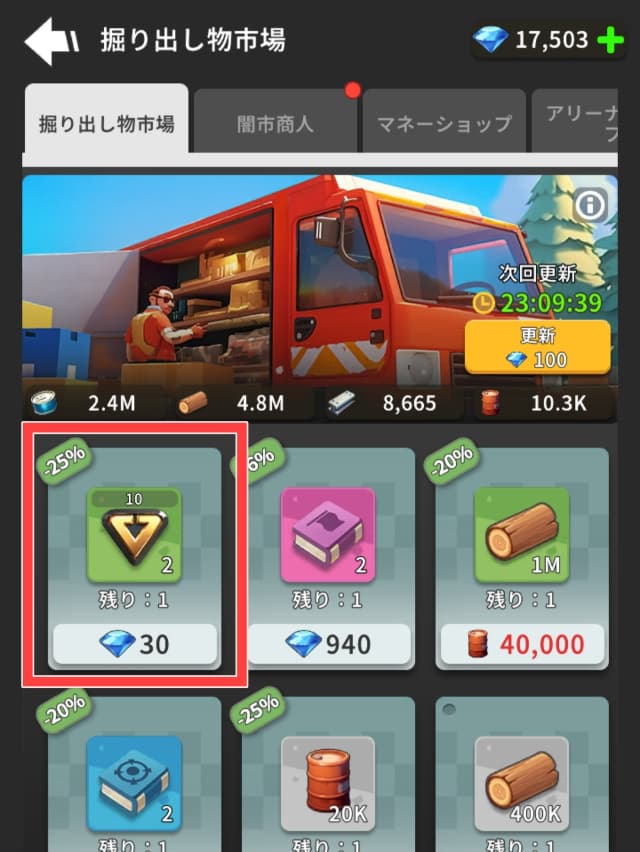 ランド・オブ・ジェイルのゲーム画面(掘り出し物市場のVIPポイントを図示)