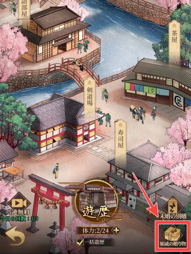 大江戸ロマンスのゲーム画面
遊歴の「姻戚の贈り物」を図示