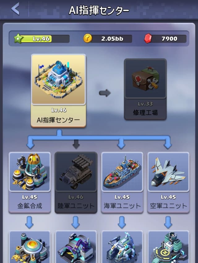 トップウォーの代表的なプレイ画面（研究画面）