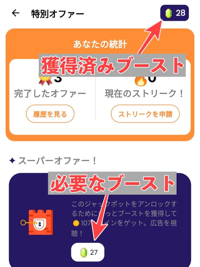 獲得済みブーストと必要なブーストの数量を図示