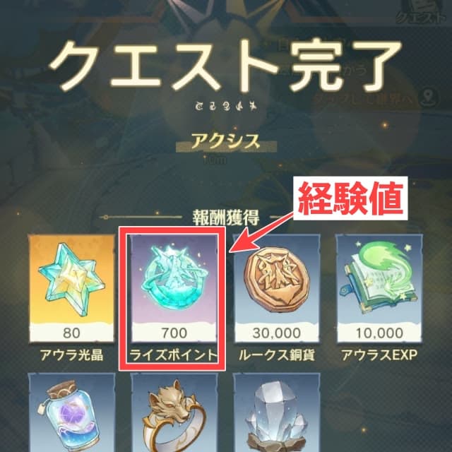 報酬画面の経験値(=ライズポイント)を図示