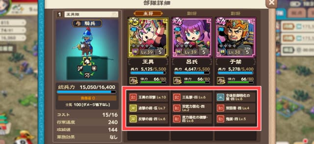 筆者の部隊の武将詳細（セットしたスキルを図示）