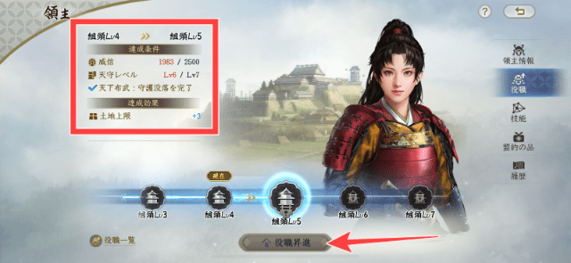 武将Lv3までの必要条件と昇進ボタン