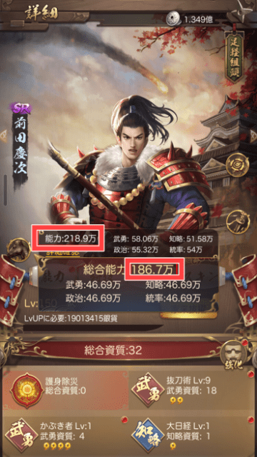 武将のステータス画面（能力値を図示）