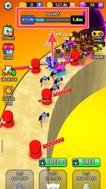 モンスターを倒してドロップするコインと目標数ゲージ