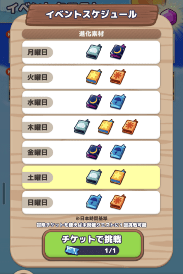 イベントの進化素材の曜日スケジュール