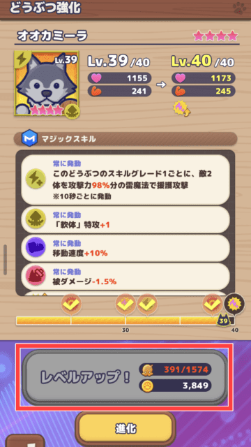 どうぶつのレベルアップ