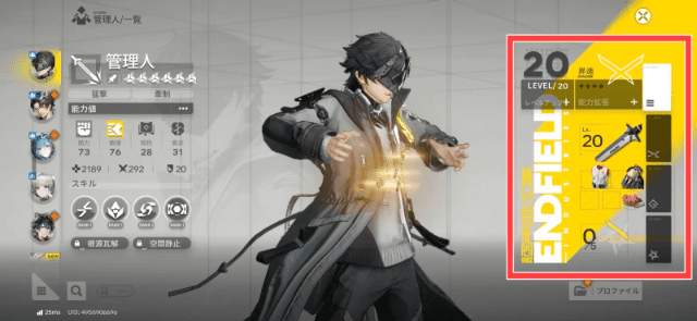 キャラクターのステータス画面とレベル