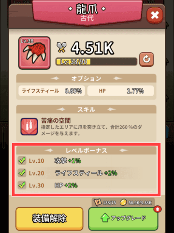 装備のレベルボーナス