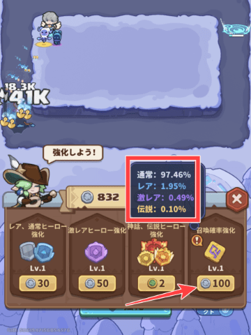 召喚確率強化のレベルアップと出現率