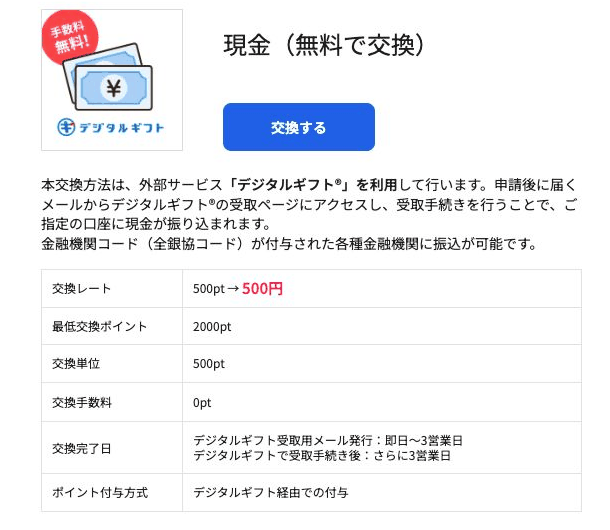 ハピタスの「現金（無料で交換）」の条件（500pt→500円・最低交換ポイント2,000pt・交換単位500pt・手数料0pt・受取用メール発行は即日〜3営業日、受取手続き後さらに3営業日）