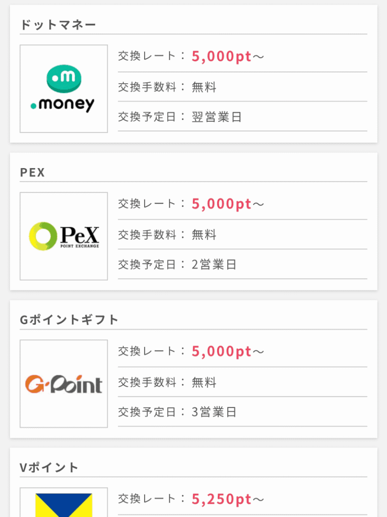 ポイントインカムの交換手順STEP2：交換先の一覧からドットマネーを選ぶ（交換レート5,000pt〜・手数料無料・翌営業日）