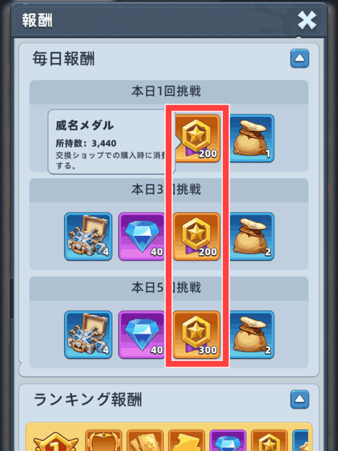 毎日の挑戦報酬に含まれる威名メダル