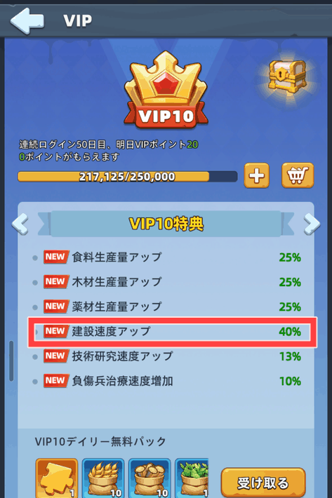 VIP10特典の建設速度アップ40%
